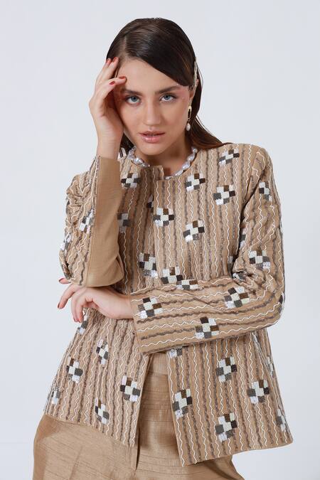 Shagufta_Gold Silk Cut Work, Sequins Open Neck Embroidered Jacket And Pant Set _Online_at_Aza_Fashions