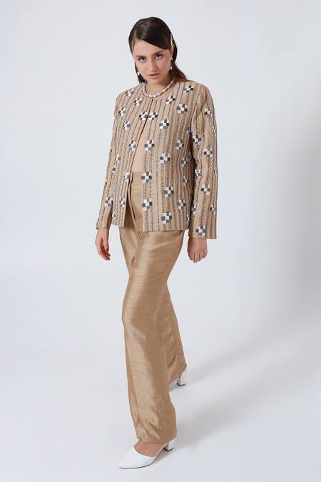 Buy_Shagufta_Gold Silk Cut Work, Sequins Open Neck Embroidered Jacket And Pant Set _Online_at_Aza_Fashions