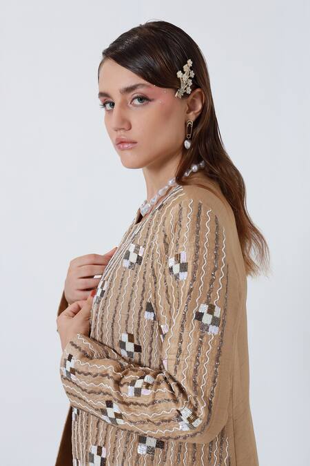 Shop_Shagufta_Gold Silk Cut Work, Sequins Open Neck Embroidered Jacket And Pant Set _Online_at_Aza_Fashions