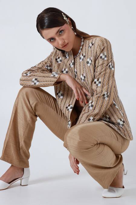 Shagufta_Gold Silk Cut Work, Sequins Open Neck Embroidered Jacket And Pant Set _at_Aza_Fashions