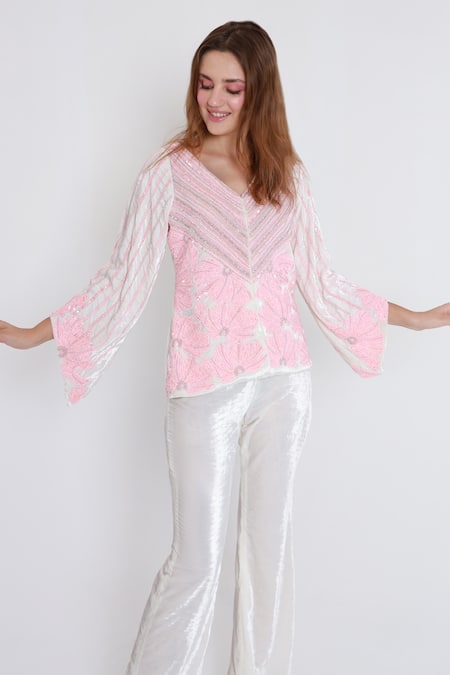 Shagufta_White Velvet Cut Work, Sequins V-neck Cutdana Embroidered Top And Pant _Online_at_Aza_Fashions