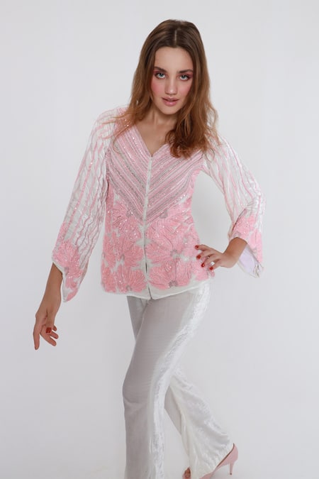 Buy_Shagufta_White Velvet Cut Work, Sequins V-neck Cutdana Embroidered Top And Pant _Online_at_Aza_Fashions