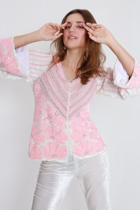 Shop_Shagufta_White Velvet Cut Work, Sequins V-neck Cutdana Embroidered Top And Pant _Online_at_Aza_Fashions