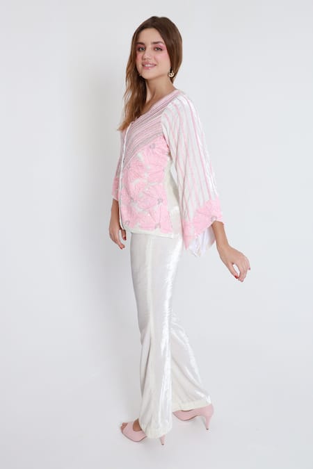 Shagufta_White Velvet Cut Work, Sequins V-neck Cutdana Embroidered Top And Pant _at_Aza_Fashions