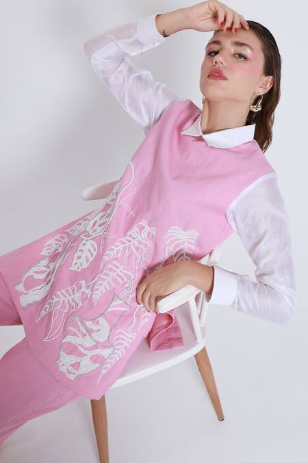 Shagufta_Pink Denim Cut Work Shawl Neck Cutdana Embroidered Pant Set _Online_at_Aza_Fashions