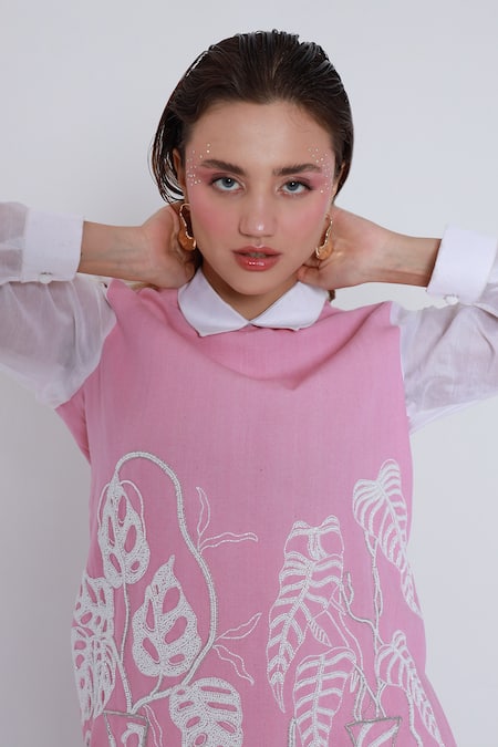 Buy_Shagufta_Pink Denim Cut Work Shawl Neck Cutdana Embroidered Pant Set _Online_at_Aza_Fashions