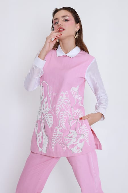 Shop_Shagufta_Pink Denim Cut Work Shawl Neck Cutdana Embroidered Pant Set _Online_at_Aza_Fashions