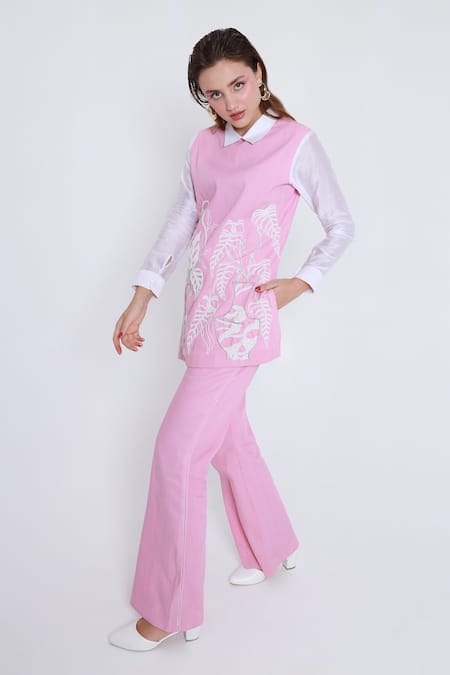 Shagufta_Pink Denim Cut Work Shawl Neck Cutdana Embroidered Pant Set _at_Aza_Fashions