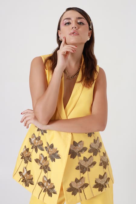 Shagufta_Yellow Silk Cut Work V-neck Cutdana Embroidered Jacket And Pant Set _Online_at_Aza_Fashions