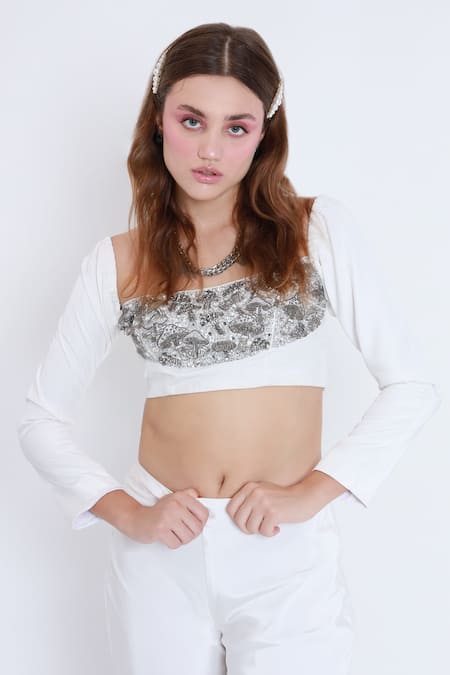 Shagufta_White Crepe Cut Work, Zari Square Neck Mushroom Embroidered Crop Top And Pant Set _Online_at_Aza_Fashions