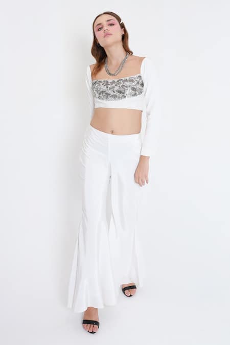 Shop_Shagufta_White Crepe Cut Work, Zari Square Neck Mushroom Embroidered Crop Top And Pant Set _Online_at_Aza_Fashions