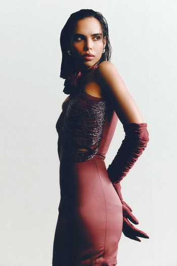 Ashna Gidwani_Maroon Satin Tassels Halter Neck Embellished Dress_Online_at_Aza_Fashions