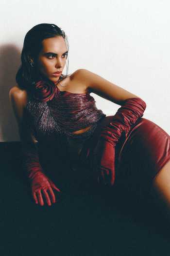 Ashna Gidwani_Maroon Satin Tassels Halter Neck Embellished Dress_at_Aza_Fashions
