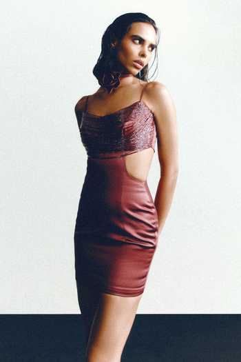 Buy_Ashna Gidwani_Maroon Satin Tassels Scoop Neck Embellished Cut-out Dress_Online_at_Aza_Fashions