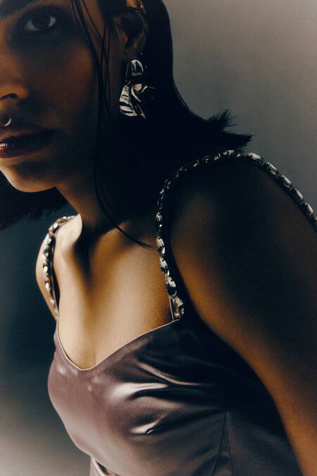 Ashna Gidwani_Purple Satin Crystals Sweetheart Neck Embellished Dress_Online_at_Aza_Fashions