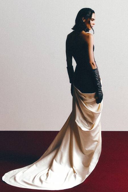 Shop_Ashna Gidwani_Black Denim Embroidery Sweetheart Neck Zardozi Floral Gown_at_Aza_Fashions