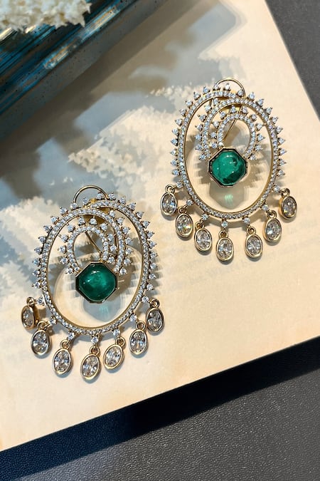 Shop Prestones Green Stones, Zari Gold Toned Zircon Studded Chandbalis at Aza Fashions Shop_Prestones_Green Stones, Zari Gold Toned Zircon Studded Chandbalis _at_Aza_Fashions