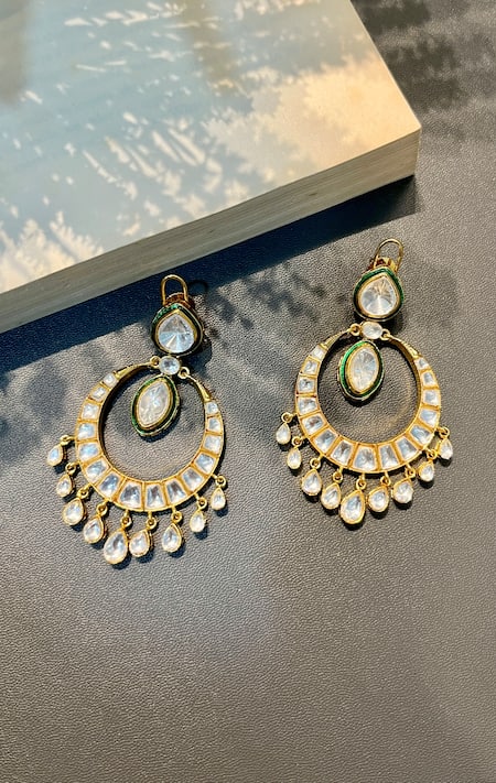 Shop Prestones Green Kundan Embellished Chandbalis at Aza Fashions Shop_Prestones_Green Kundan Embellished Chandbalis_at_Aza_Fashions