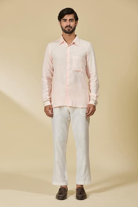 Ewoke Pink Hemp Embroidery Floral Collared Shirt at Aza Fashions Ewoke_Pink Hemp Embroidery Floral Collared Shirt _at_Aza_Fashions