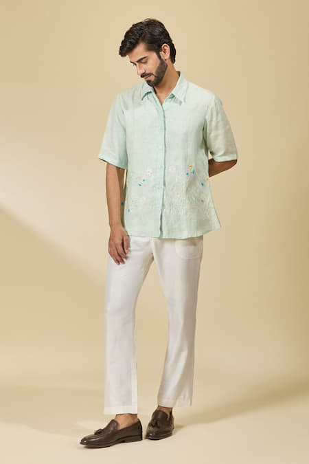 Buy_Ewoke_Green Hemp Embroidery Floral Shirt 