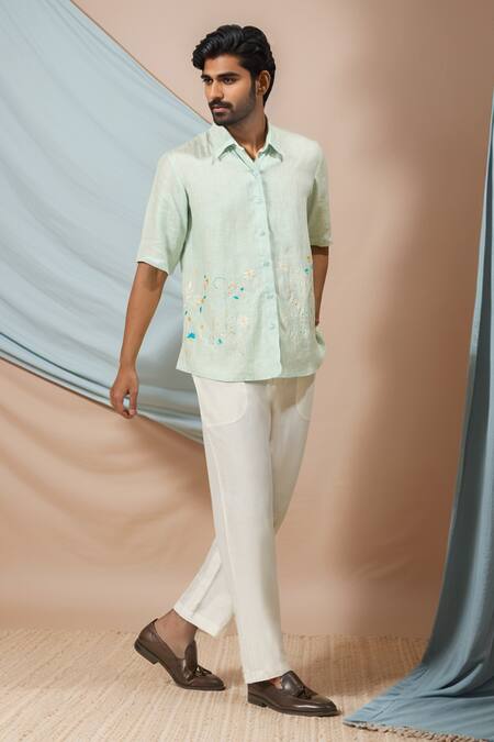 Shop_Ewoke_Green Hemp Embroidery Floral Shirt 