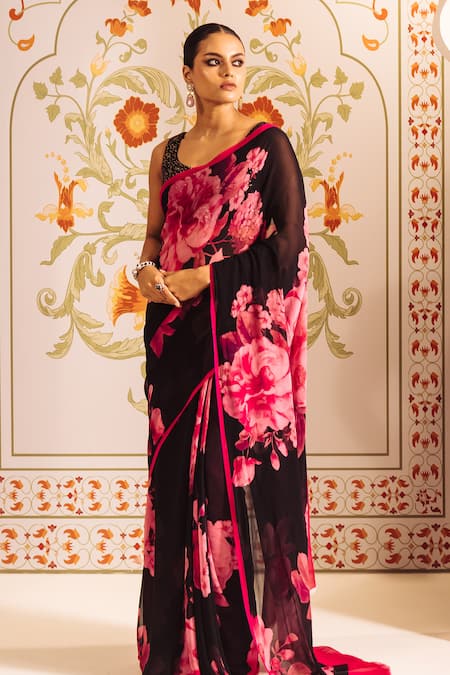 Shop Studio 113 Pink Georgette Floral Print Saree at Aza Fashions Shop_Studio 113_Pink Georgette Floral Print Saree _at_Aza_Fashions
