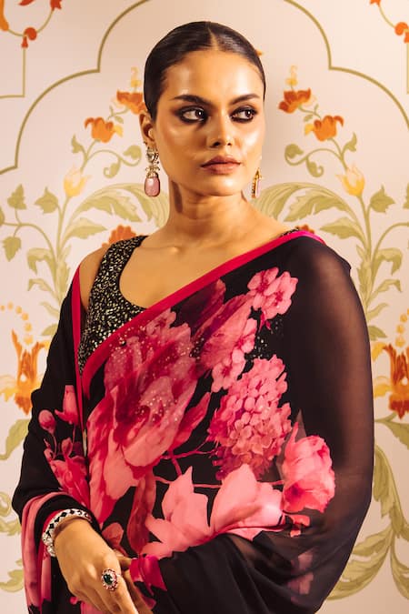 Studio 113 Pink Georgette Floral Print Saree Online at Aza Fashions Studio 113_Pink Georgette Floral Print Saree _Online_at_Aza_Fashions