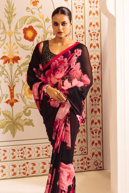Buy Studio 113 Pink Georgette Floral Print Saree Online at Aza Fashions Buy_Studio 113_Pink Georgette Floral Print Saree _Online_at_Aza_Fashions