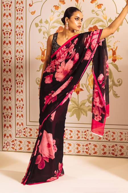 Shop Studio 113 Pink Georgette Floral Print Saree Online at Aza Fashions Shop_Studio 113_Pink Georgette Floral Print Saree _Online_at_Aza_Fashions