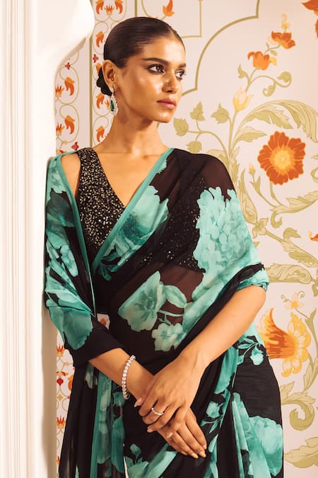 Buy_Studio 113_Blue Georgette Embroidery Floral Cluster Print Saree With Blouse _Online_at_Aza_Fashions