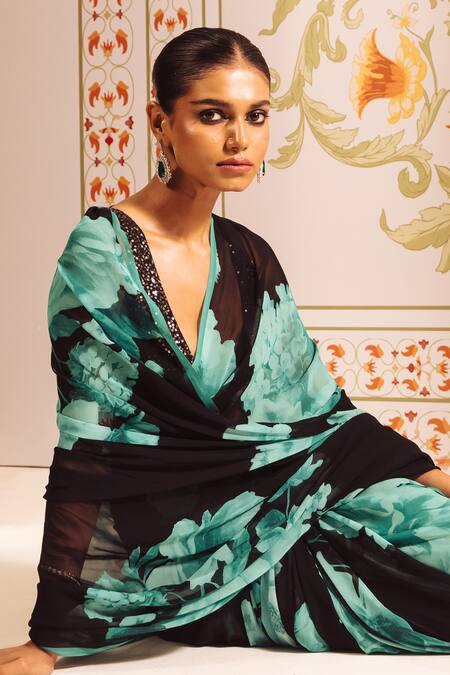 Shop_Studio 113_Blue Georgette Embroidery Floral Cluster Print Saree With Blouse _Online_at_Aza_Fashions