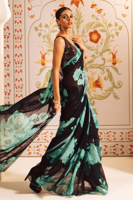 Studio 113_Blue Georgette Embroidery Floral Cluster Print Saree With Blouse _at_Aza_Fashions