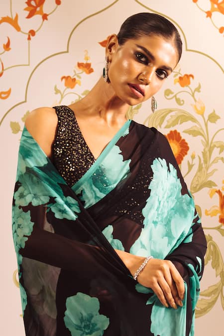 Buy_Studio 113_Blue Georgette Embroidery Floral Cluster Print Saree With Blouse 