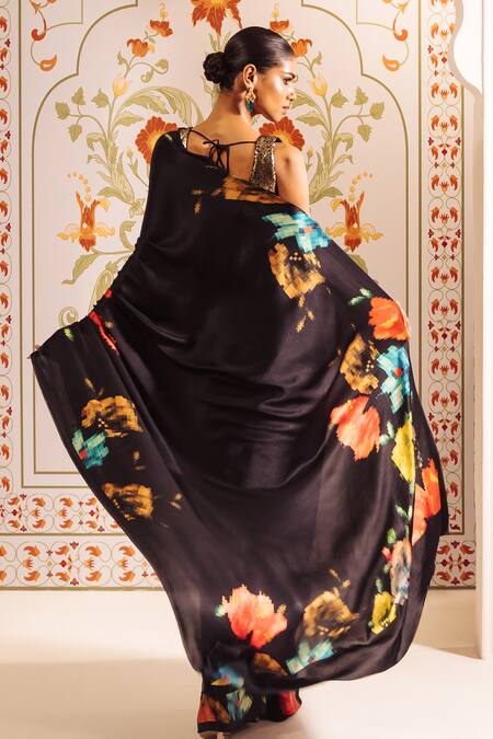 Shop Studio 113 Black Satin, Silk Patola Floral Print Saree at Aza Fashions Shop_Studio 113_Black Satin, Silk Patola Floral Print Saree _at_Aza_Fashions