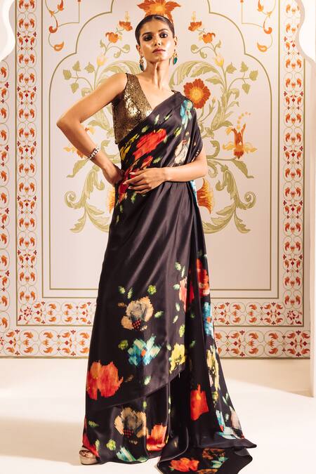 Shop Studio 113 Black Satin, Silk Patola Floral Print Saree Online at Aza Fashions Shop_Studio 113_Black Satin, Silk Patola Floral Print Saree _Online_at_Aza_Fashions