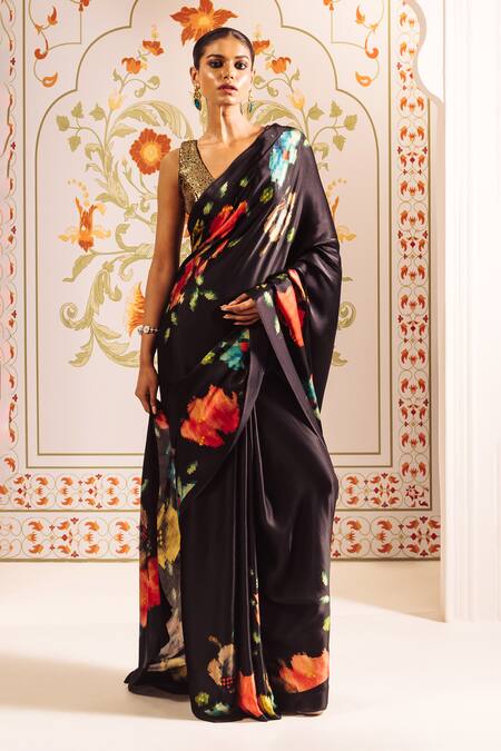 Studio 113 Black Satin, Silk Patola Floral Print Saree at Aza Fashions Studio 113_Black Satin, Silk Patola Floral Print Saree _at_Aza_Fashions