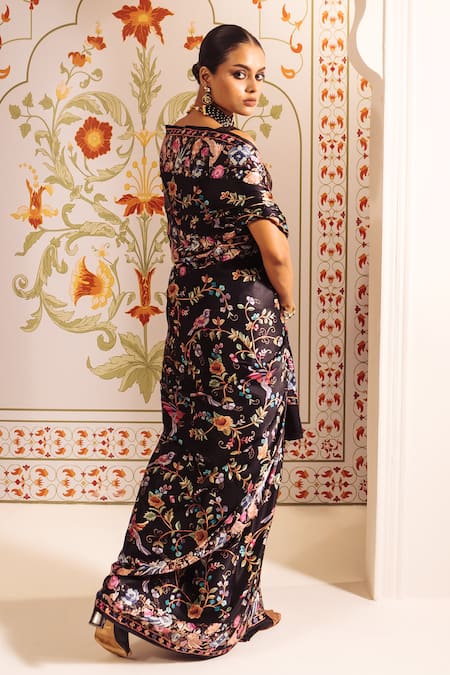Studio 113 Floral Parsi Gara Black Saree With Blouse 