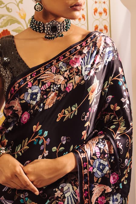 Shop Studio 113 Black Satin, Silk Embroidery Floral Parsi Gara Saree With Blouse Online at Aza Fashions Shop_Studio 113_Black Satin, Silk Embroidery Floral Parsi Gara Saree With Blouse _Online_at_Aza_Fashions