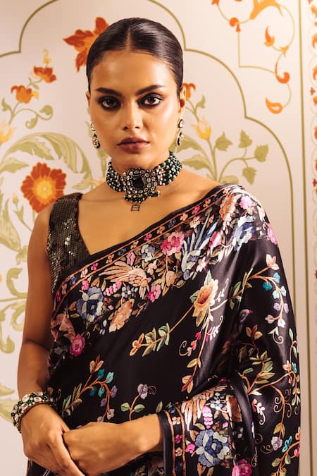 Studio 113 Black Satin, Silk Embroidery Floral Parsi Gara Saree With Blouse at Aza Fashions Studio 113_Black Satin, Silk Embroidery Floral Parsi Gara Saree With Blouse _at_Aza_Fashions