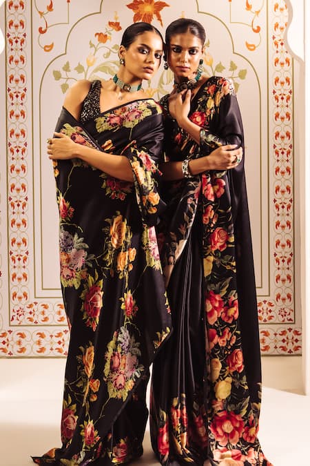 Studio 113 Floral Cross Stitch Black Saree Set 