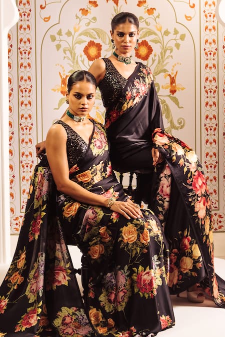 Studio 113_Black Silk, Satin Embroidery Floral Cross Stitch Saree Set _Online_at_Aza_Fashions