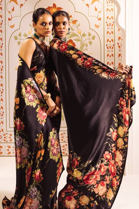 Buy_Studio 113_Black Silk, Satin Embroidery Floral Cross Stitch Saree Set _Online_at_Aza_Fashions