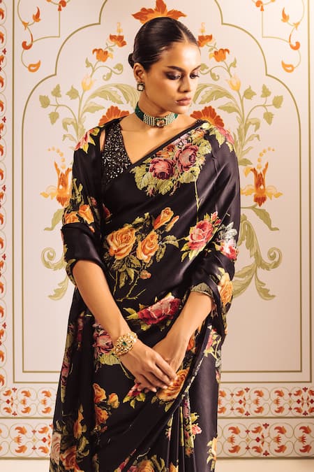 Shop_Studio 113_Black Silk, Satin Embroidery Floral Cross Stitch Saree Set _Online_at_Aza_Fashions