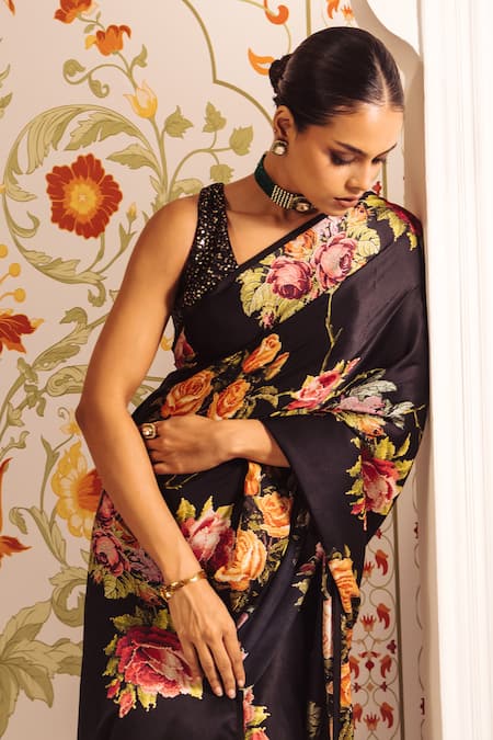 Studio 113_Black Silk, Satin Embroidery Floral Cross Stitch Saree Set _at_Aza_Fashions