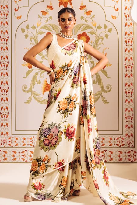 Shop Studio 113 White Silk, Satin Embroidery Mona Cross Stitch Floral Print Saree at Aza Fashions Shop_Studio 113_White Silk, Satin Embroidery Mona Cross Stitch Floral Print Saree _at_Aza_Fashions