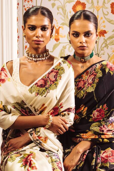 Studio 113 White Silk, Satin Embroidery Mona Cross Stitch Floral Print Saree Online at Aza Fashions Studio 113_White Silk, Satin Embroidery Mona Cross Stitch Floral Print Saree _Online_at_Aza_Fashions