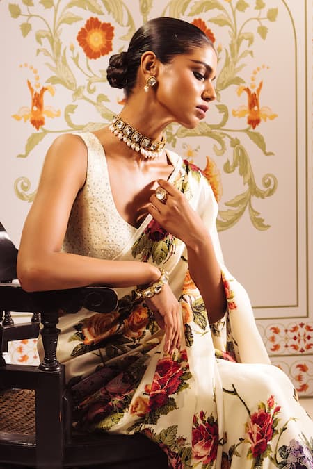 Buy Studio 113 White Silk, Satin Embroidery Mona Cross Stitch Floral Print Saree Online at Aza Fashions Buy_Studio 113_White Silk, Satin Embroidery Mona Cross Stitch Floral Print Saree _Online_at_Aza_Fashions