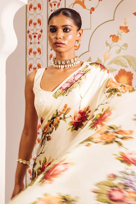 Shop Studio 113 White Silk, Satin Embroidery Mona Cross Stitch Floral Print Saree Online at Aza Fashions Shop_Studio 113_White Silk, Satin Embroidery Mona Cross Stitch Floral Print Saree _Online_at_Aza_Fashions