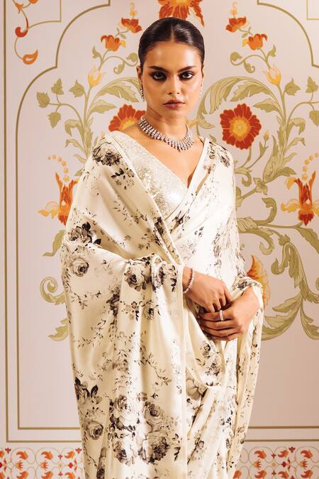 Studio 113 White Silk, Satin Embroidery Floral Print Saree With Blouse Online at Aza Fashions Studio 113_White Silk, Satin Embroidery Floral Print Saree With Blouse _Online_at_Aza_Fashions