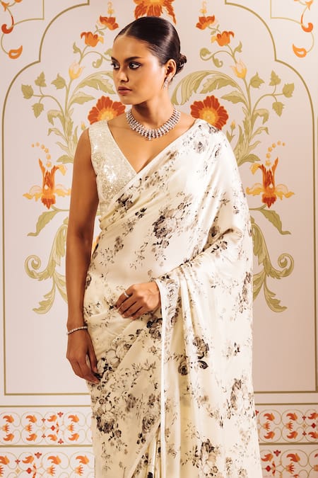 Buy Studio 113 White Silk, Satin Embroidery Floral Print Saree With Blouse Online at Aza Fashions Buy_Studio 113_White Silk, Satin Embroidery Floral Print Saree With Blouse _Online_at_Aza_Fashions